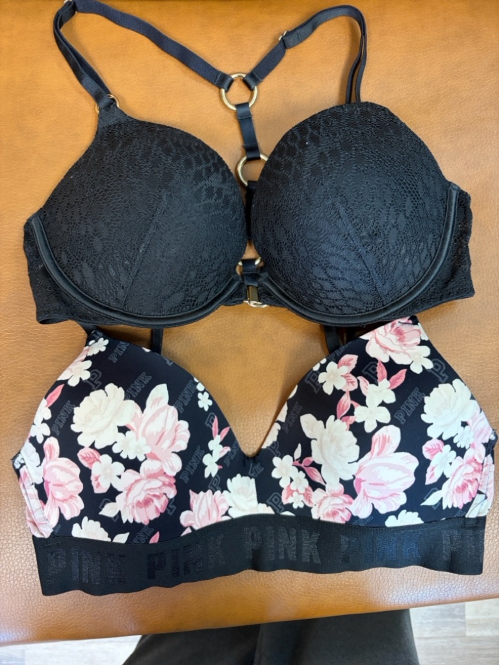 Victoria's Secret Black Lace Padded  “Very Sexy”34C & PINK Floral Print Bra 34C